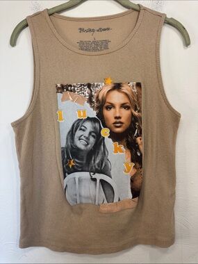 Brinley Spears Ribbed Tank Top in Taupe with Photo Graphic Vintage 90s Y2K